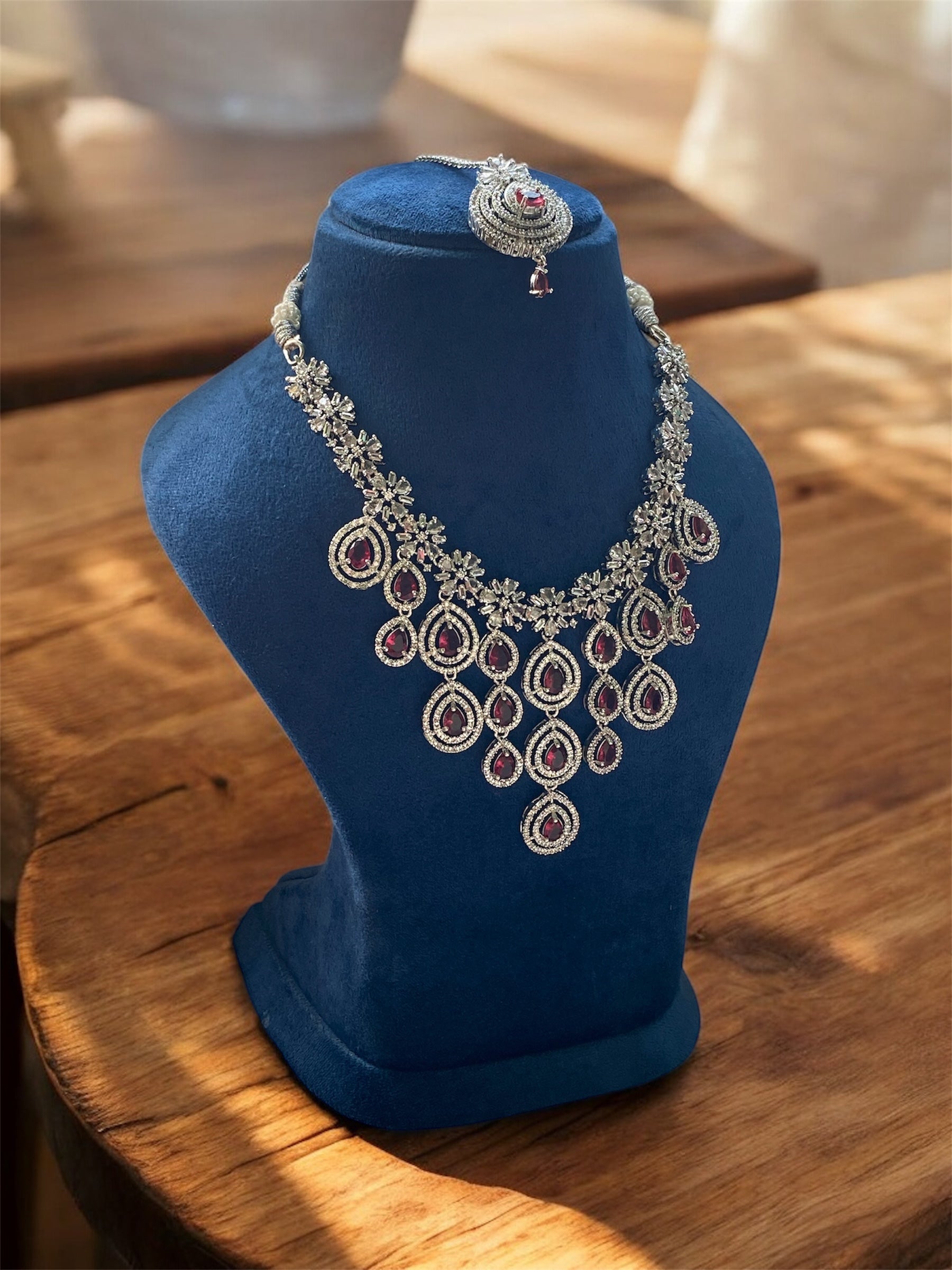 Elegant Designer American Diamond Jhallar Necklace in White, Earrings, Mangtika, and Bangles Set – A Complete Bridal Jewelry Ensemble